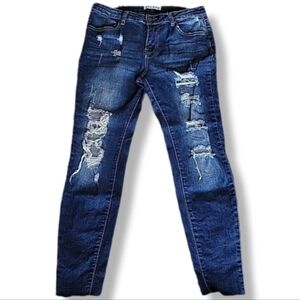 Encore Dark Wash Destroyed Ripped Skinny Mid Rise Stretch Jeans Raw Hem Size 9